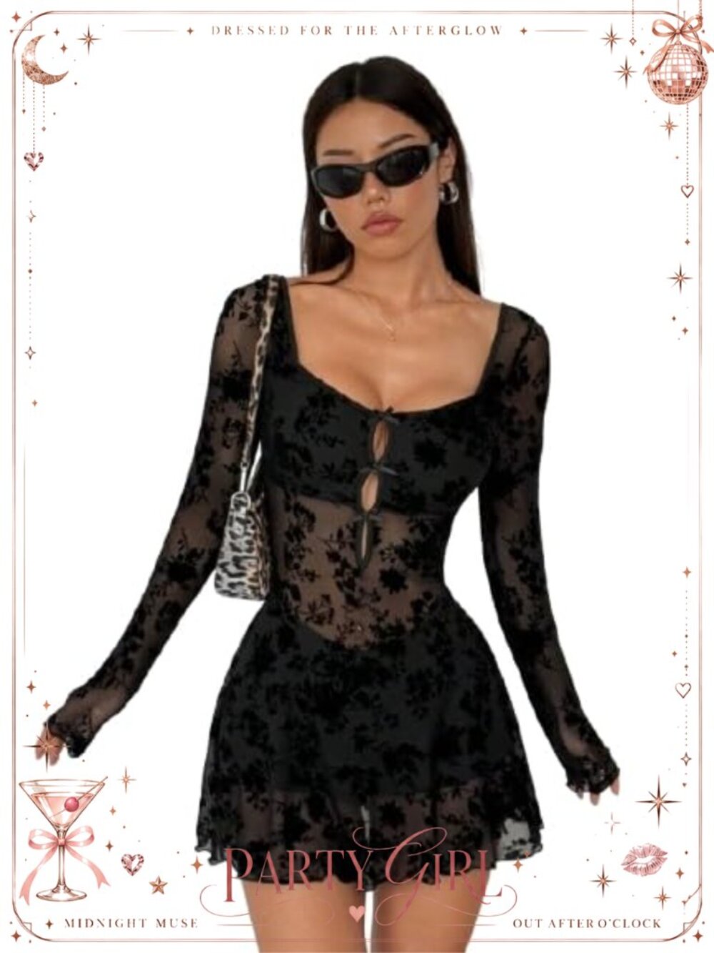 Long Sleeve Floral Mesh Backless Mini Dress Bow Sweetheart Party